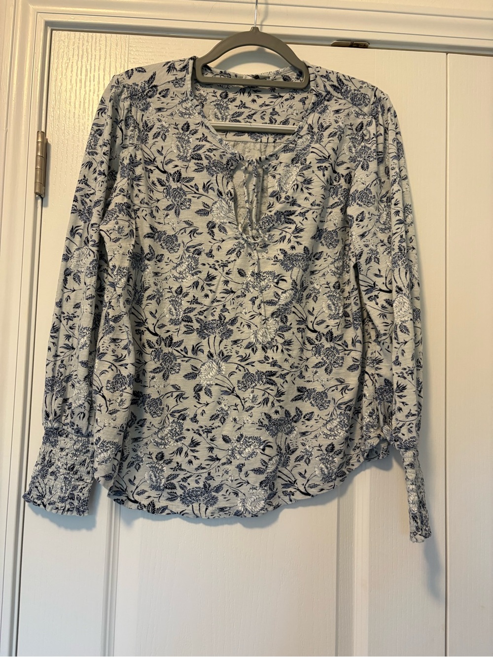 Blue Floral Long-Sleeve Tie-Neck Blouse